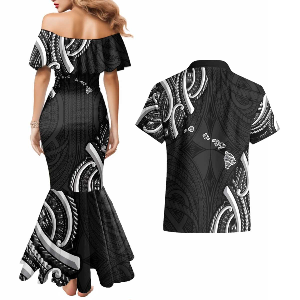 Traditional Art Hawaiian Kakau Tattoos Couples Matching Mermaid Dress and Hawaiian Shirt White LT03 - Polynesian Pride