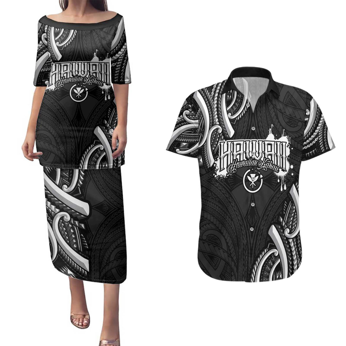 Traditional Art Hawaiian Kakau Tattoos Couples Matching Puletasi and Hawaiian Shirt White - Polynesian Pride