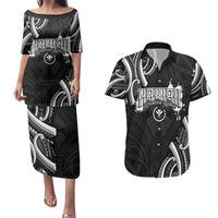 Traditional Art Hawaiian Kakau Tattoos Couples Matching Puletasi and Hawaiian Shirt White - Polynesian Pride