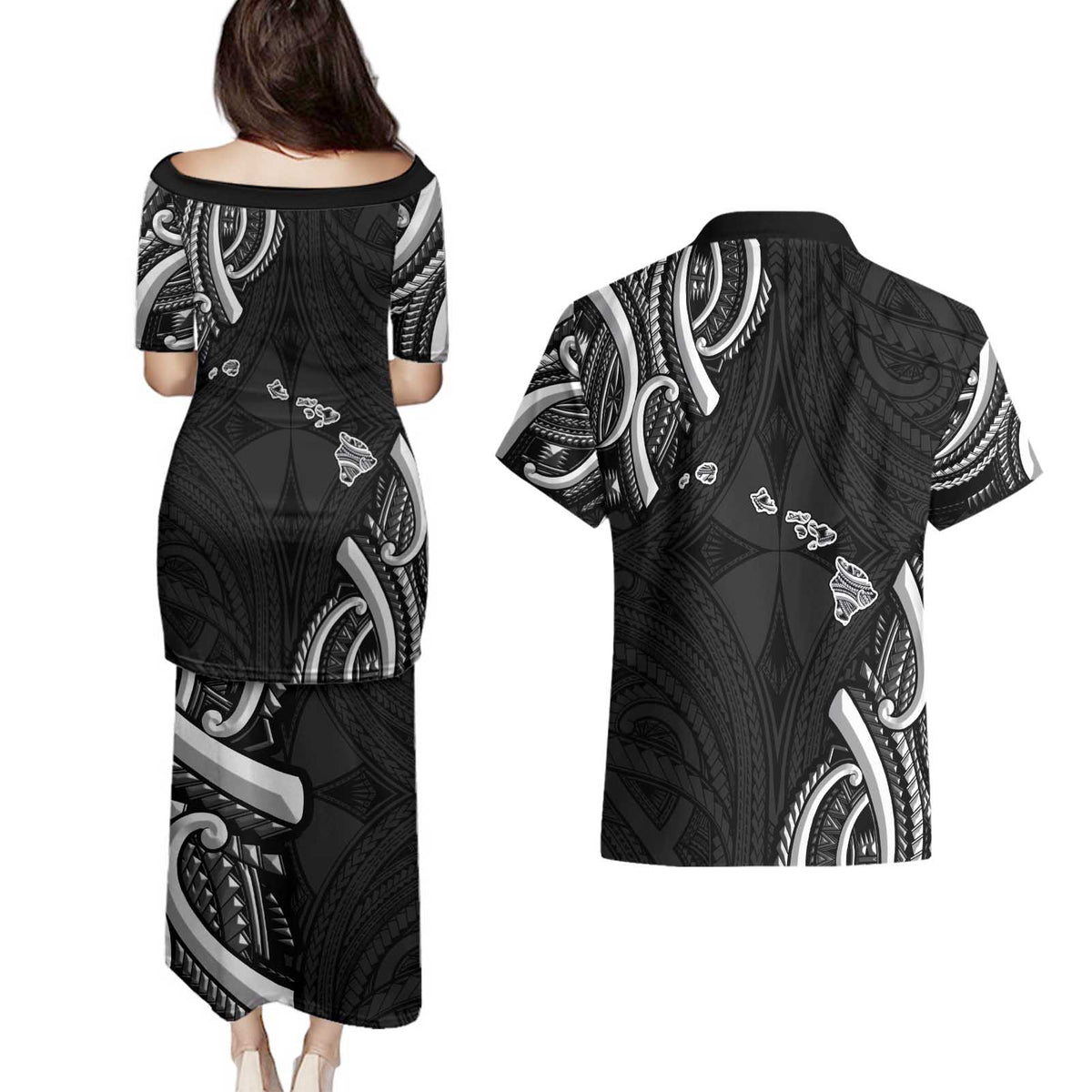 Traditional Art Hawaiian Kakau Tattoos Couples Matching Puletasi and Hawaiian Shirt White - Polynesian Pride