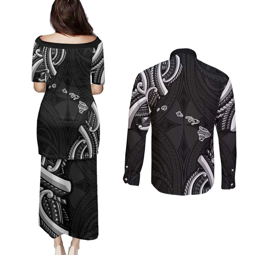 Traditional Art Hawaiian Kakau Tattoos Couples Matching Puletasi and Long Sleeve Button Shirt White - Polynesian Pride