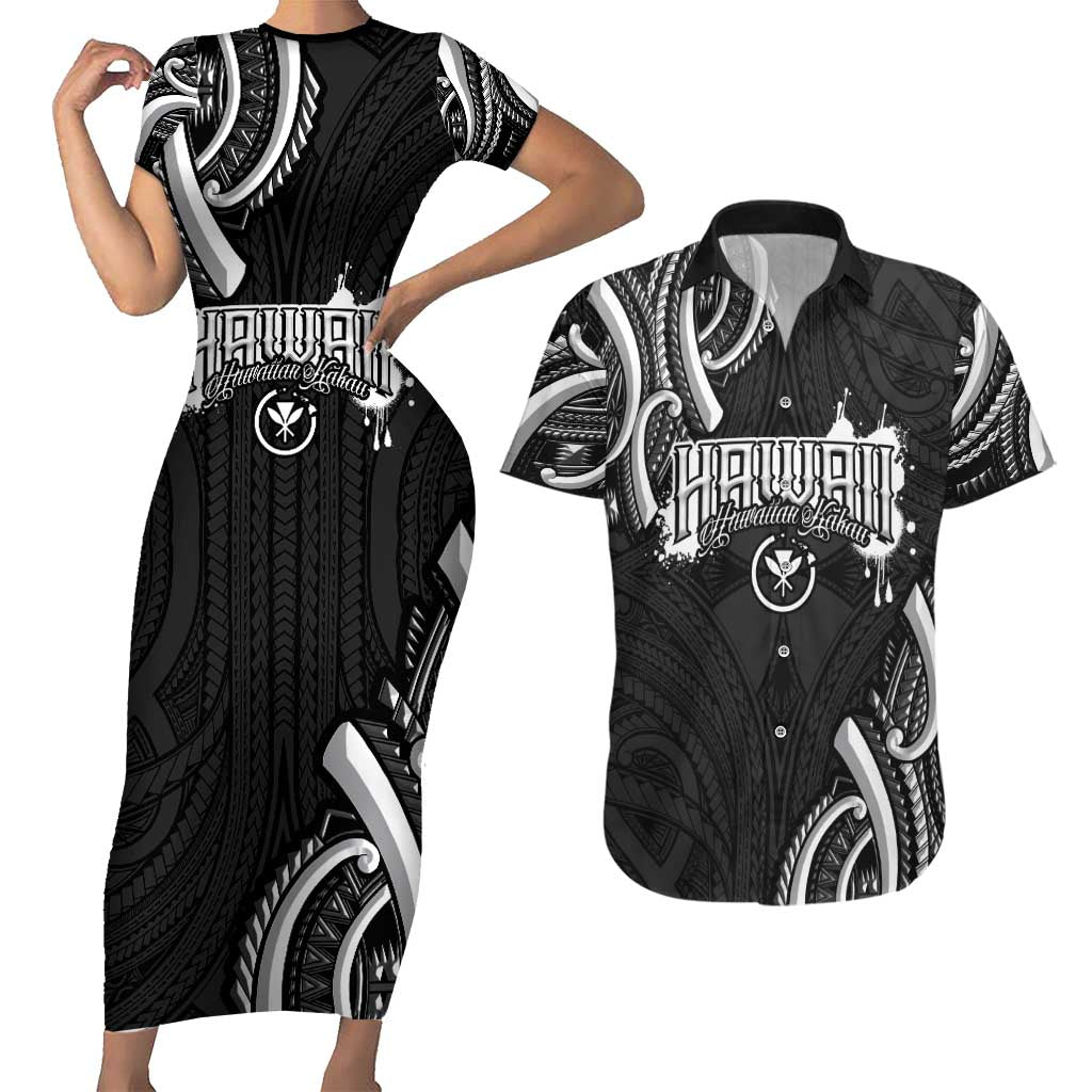Traditional Art Hawaiian Kakau Tattoos Couples Matching Short Sleeve Bodycon Dress and Hawaiian Shirt White LT03 White - Polynesian Pride