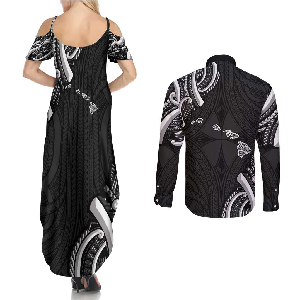 Traditional Art Hawaiian Kakau Tattoos Couples Matching Summer Maxi Dress and Long Sleeve Button Shirt White - Polynesian Pride