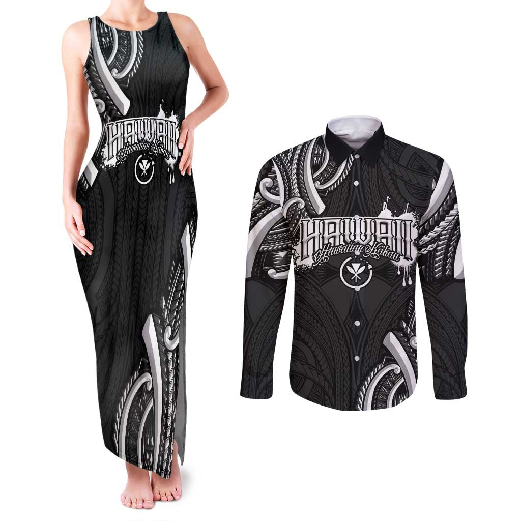 Traditional Art Hawaiian Kakau Tattoos Couples Matching Tank Maxi Dress and Long Sleeve Button Shirt White - Polynesian Pride
