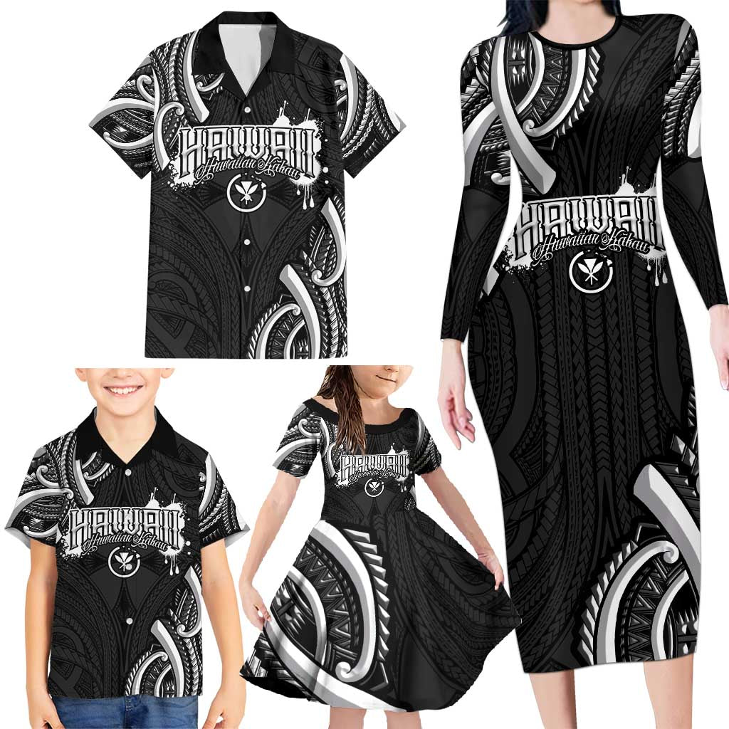 Traditional Art Hawaiian Kakau Tattoos Family Matching Long Sleeve Bodycon Dress and Hawaiian Shirt White LT03 - Polynesian Pride