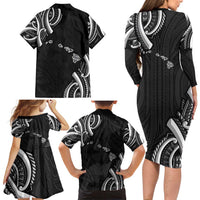 Traditional Art Hawaiian Kakau Tattoos Family Matching Long Sleeve Bodycon Dress and Hawaiian Shirt White LT03 - Polynesian Pride