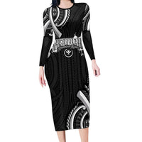 Traditional Art Hawaiian Kakau Tattoos Family Matching Long Sleeve Bodycon Dress and Hawaiian Shirt White LT03 Mom's Dress White - Polynesian Pride
