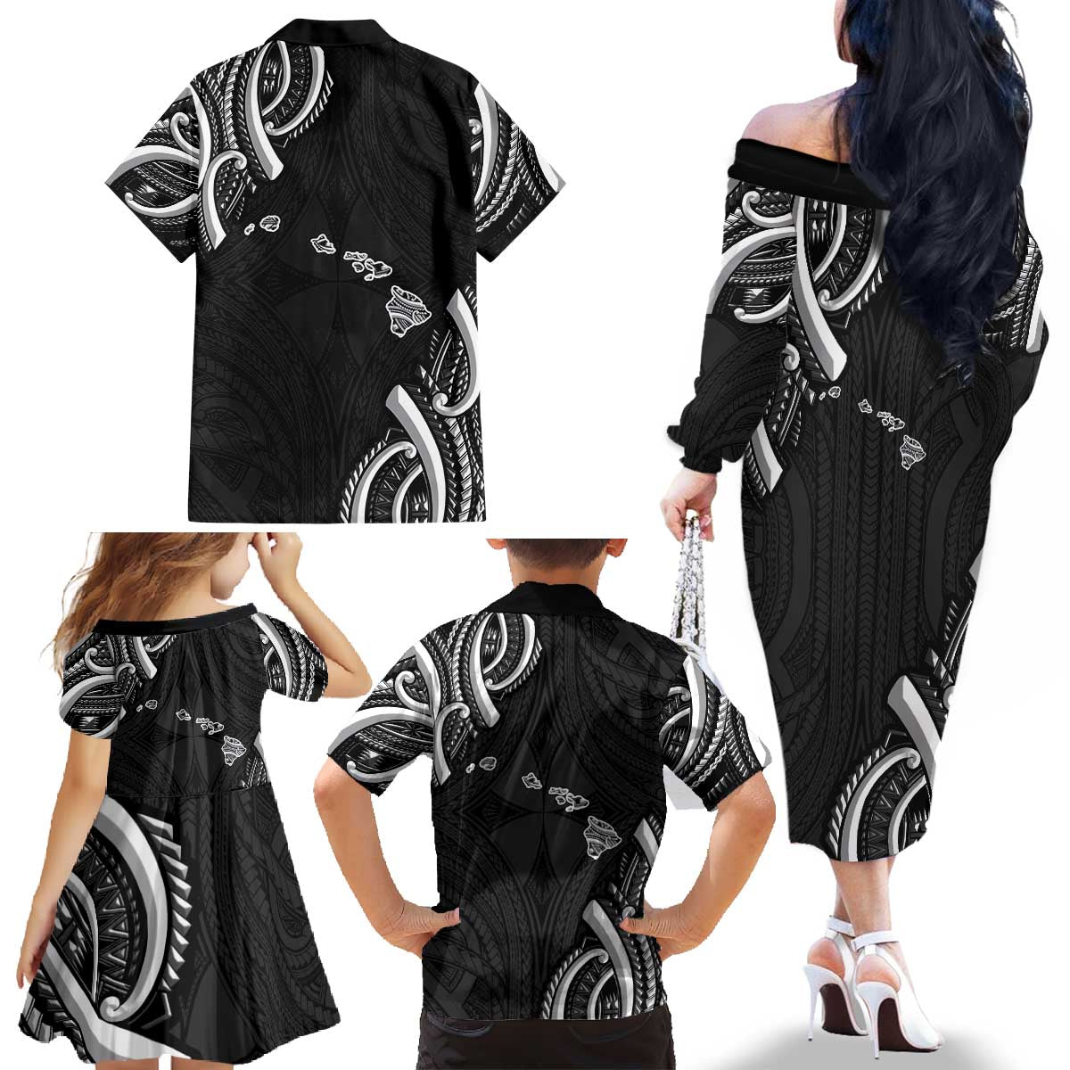 Traditional Art Hawaiian Kakau Tattoos Family Matching Off The Shoulder Long Sleeve Dress and Hawaiian Shirt White - Polynesian Pride
