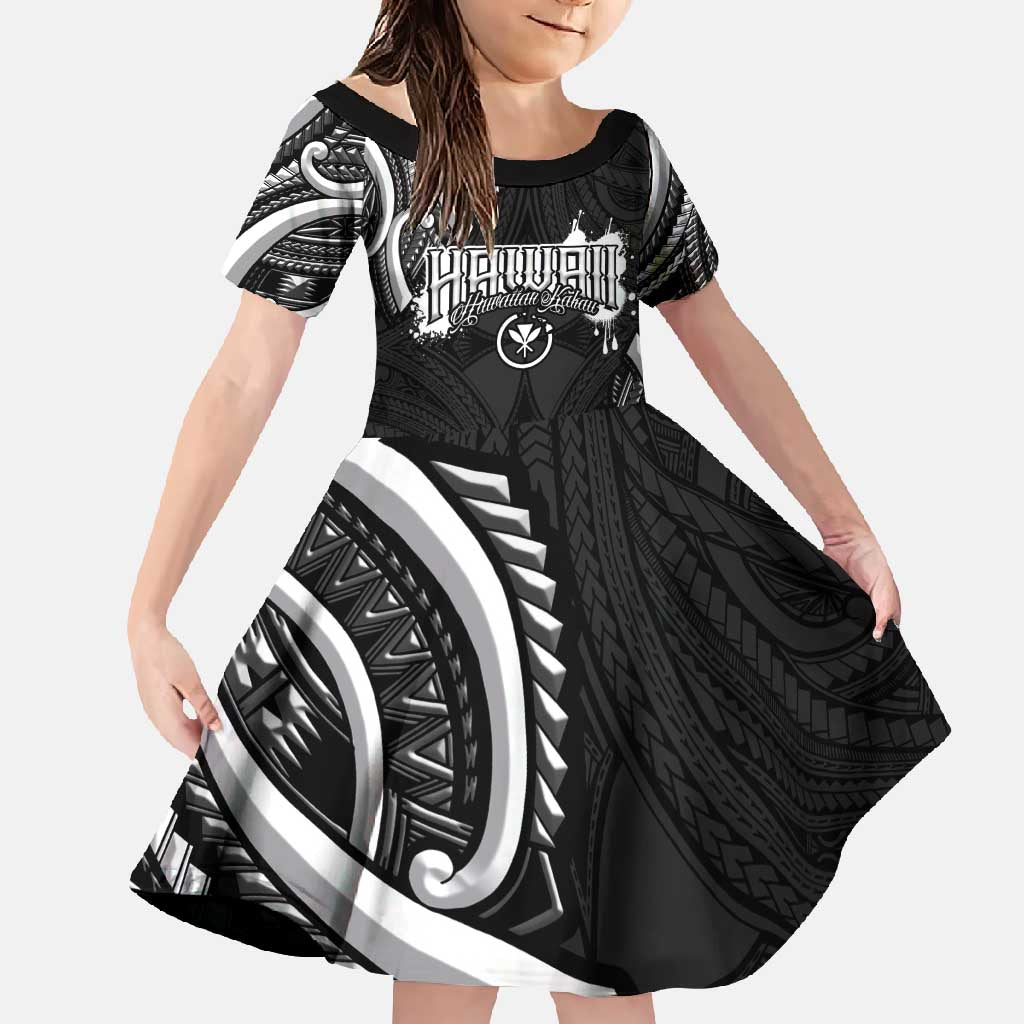 Traditional Art Hawaiian Kakau Tattoos Family Matching Off Shoulder Maxi Dress and Hawaiian Shirt White LT03 Daughter's Dress White - Polynesian Pride