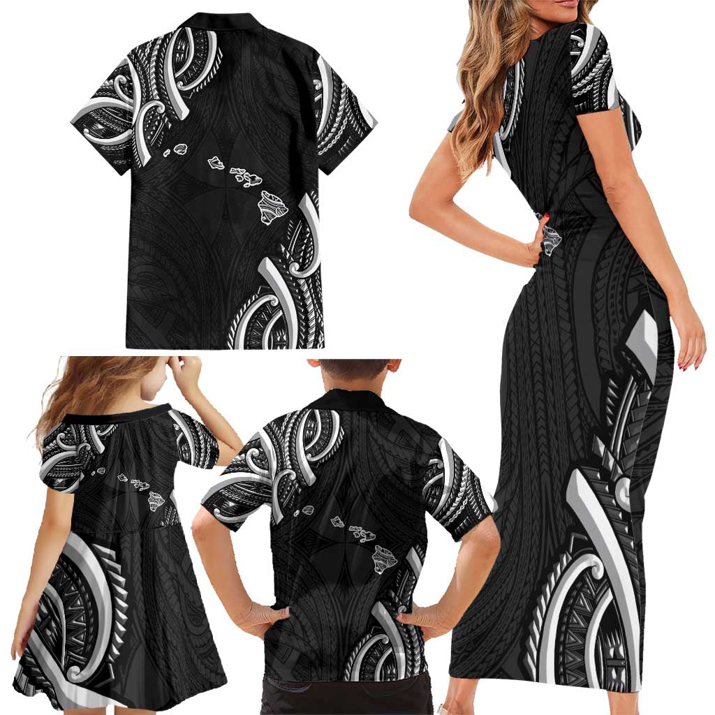 Traditional Art Hawaiian Kakau Tattoos Family Matching Short Sleeve Bodycon Dress and Hawaiian Shirt White LT03 - Polynesian Pride