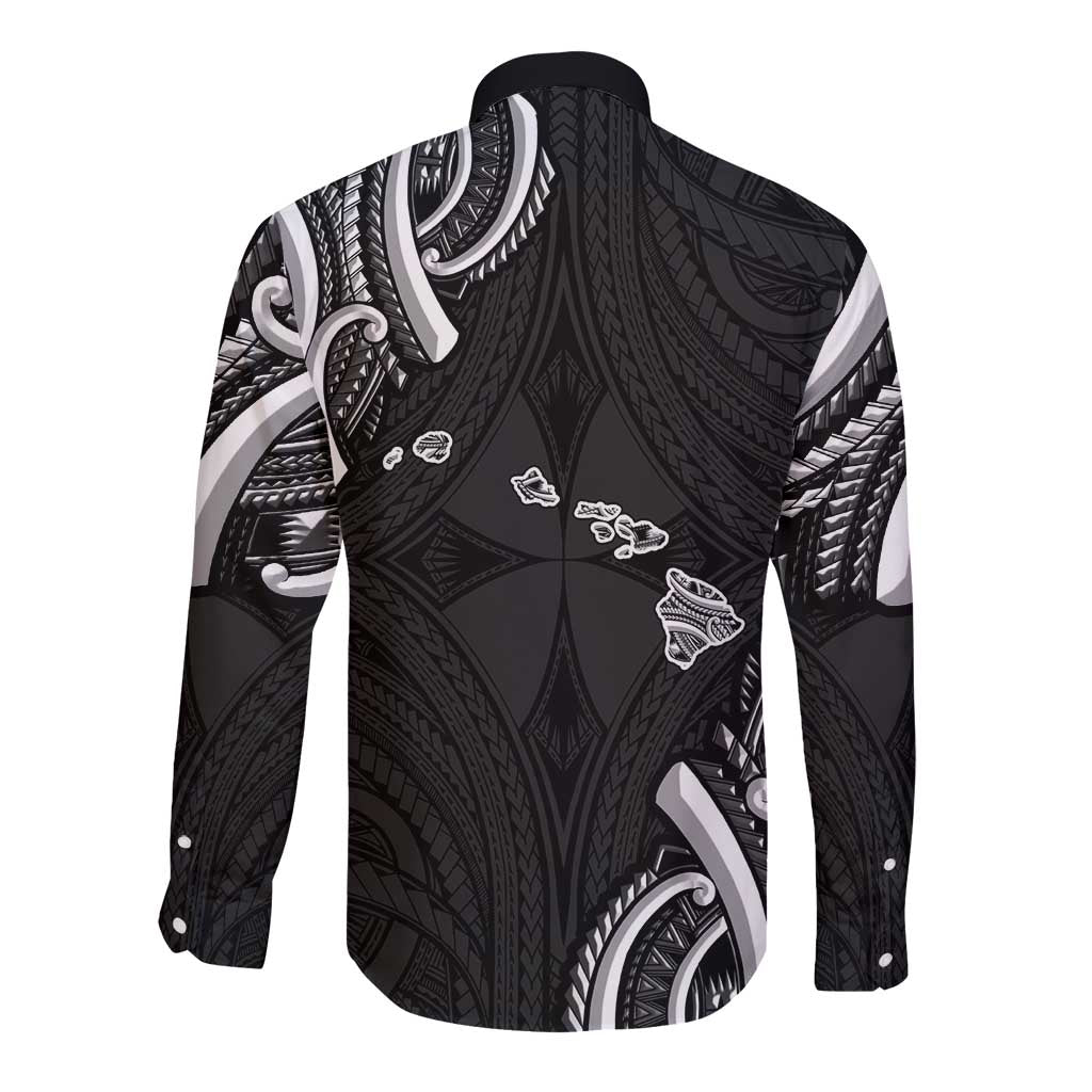 Traditional Art Hawaiian Kakau Tattoos Long Sleeve Button Shirt White - Polynesian Pride