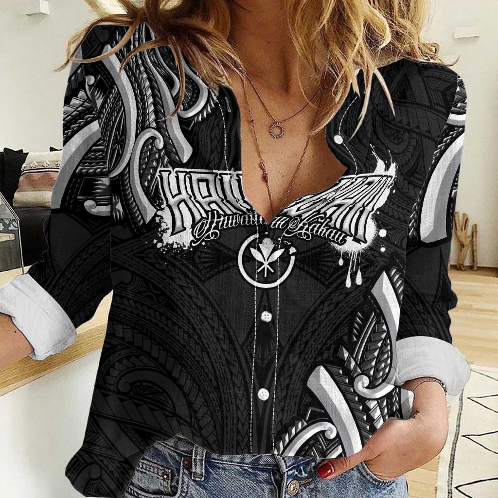 Traditional Art Hawaiian Kakau Tattoos Women Casual Shirt White - Polynesian Pride