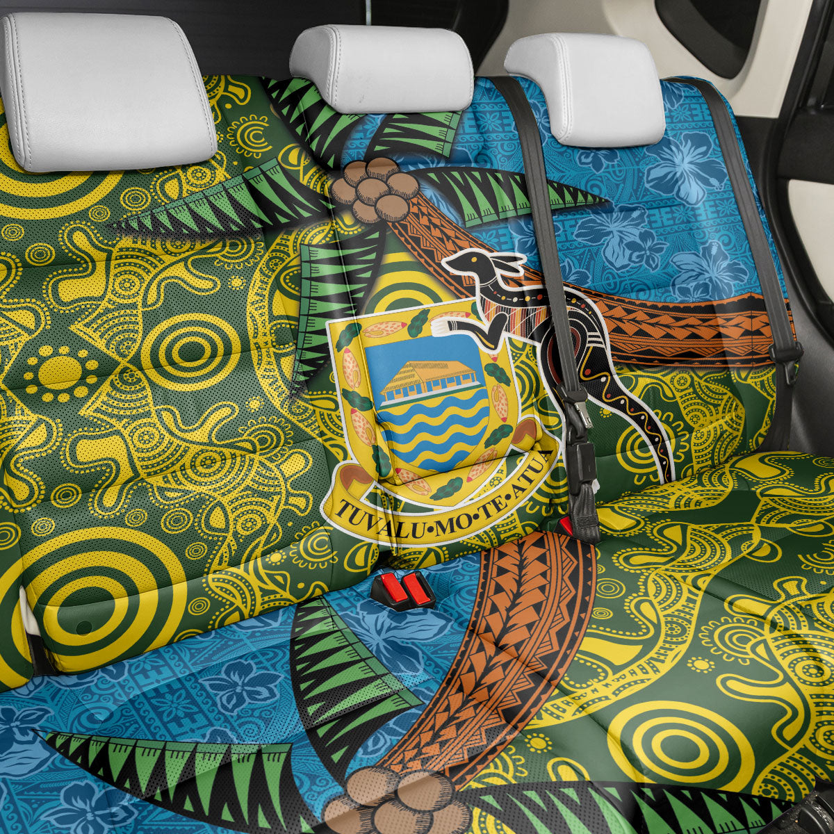 Tuvalu and Australia Together Back Car Seat Cover Tapa Pattern and Aboriginal mix Culture