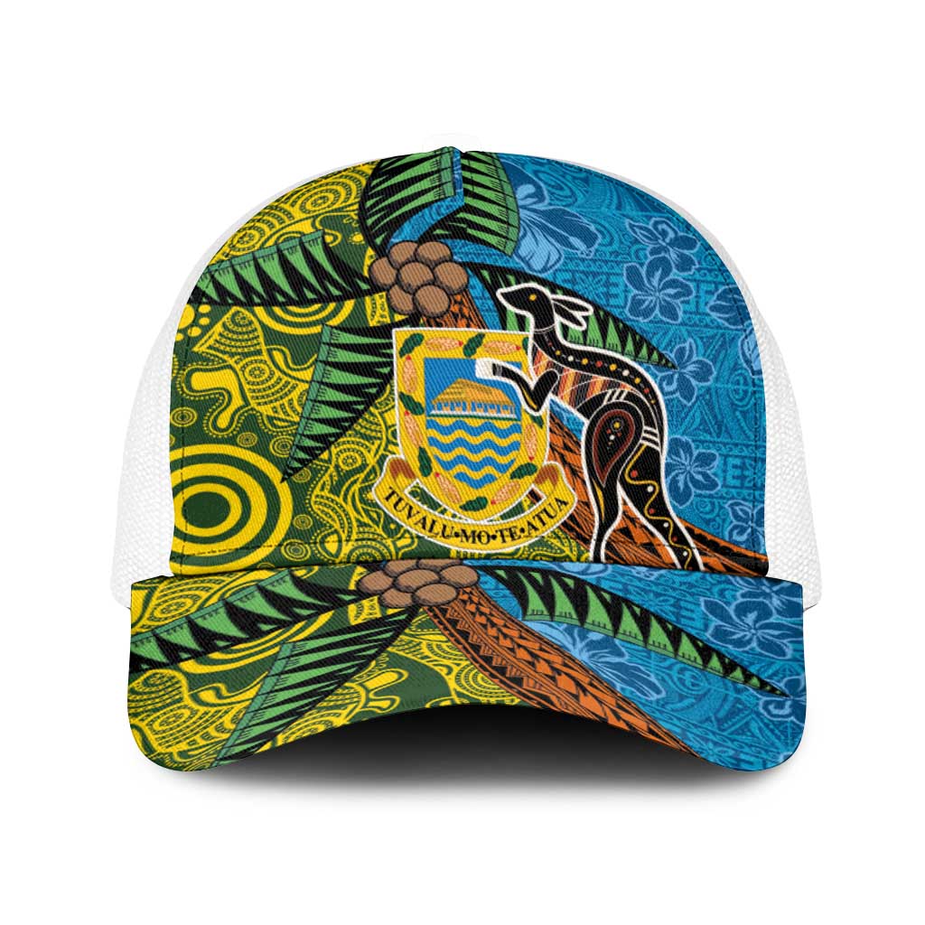 Tuvalu and Australia Together Baseball Net Cap Tapa Pattern and Aboriginal mix Culture
