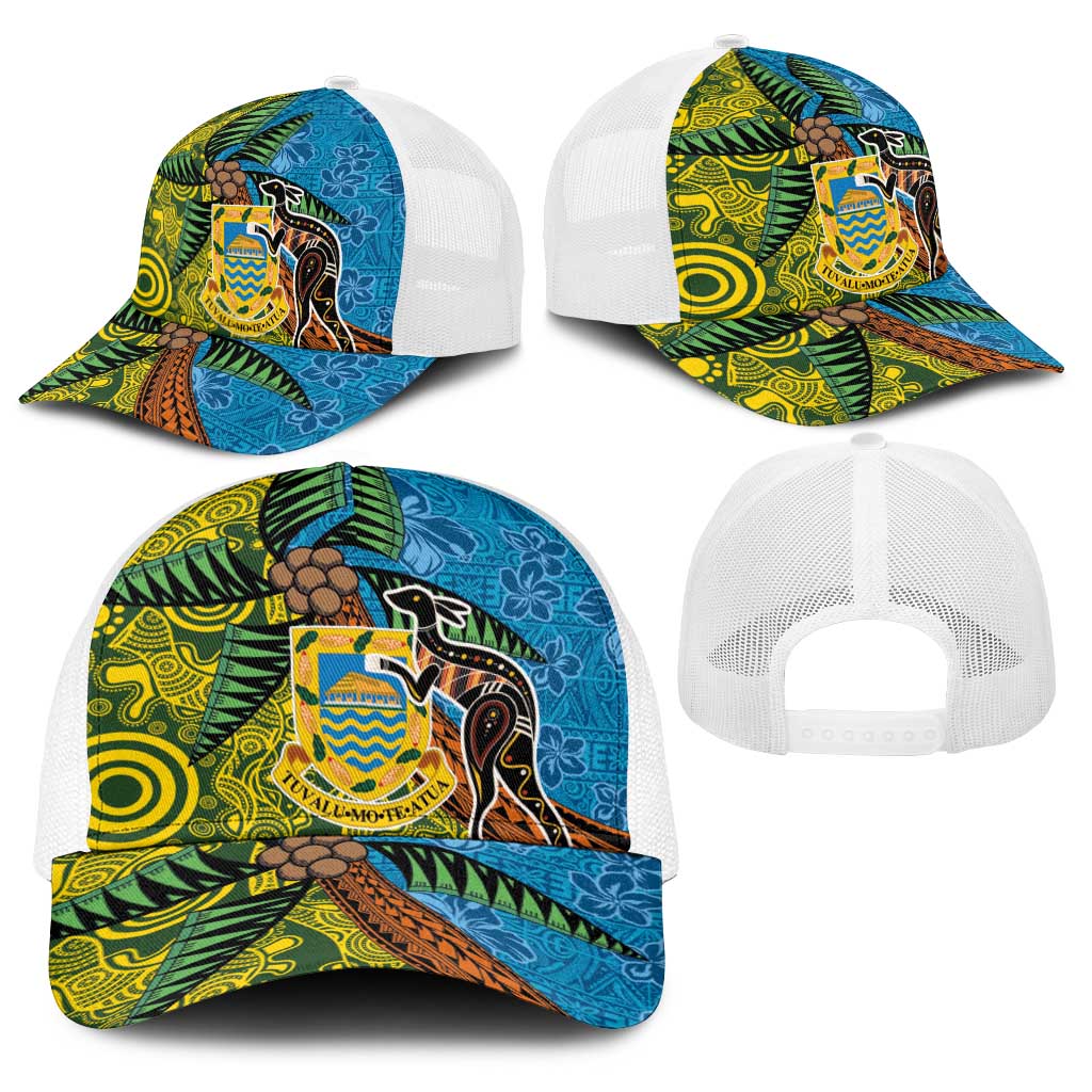 Tuvalu and Australia Together Baseball Net Cap Tapa Pattern and Aboriginal mix Culture