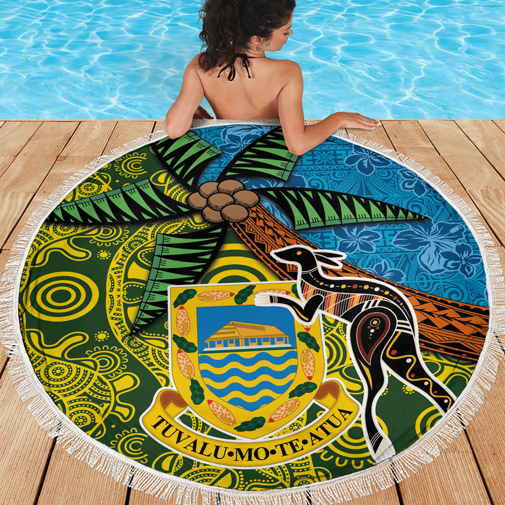Tuvalu and Australia Together Beach Blanket Tapa Pattern and Aboriginal mix Culture