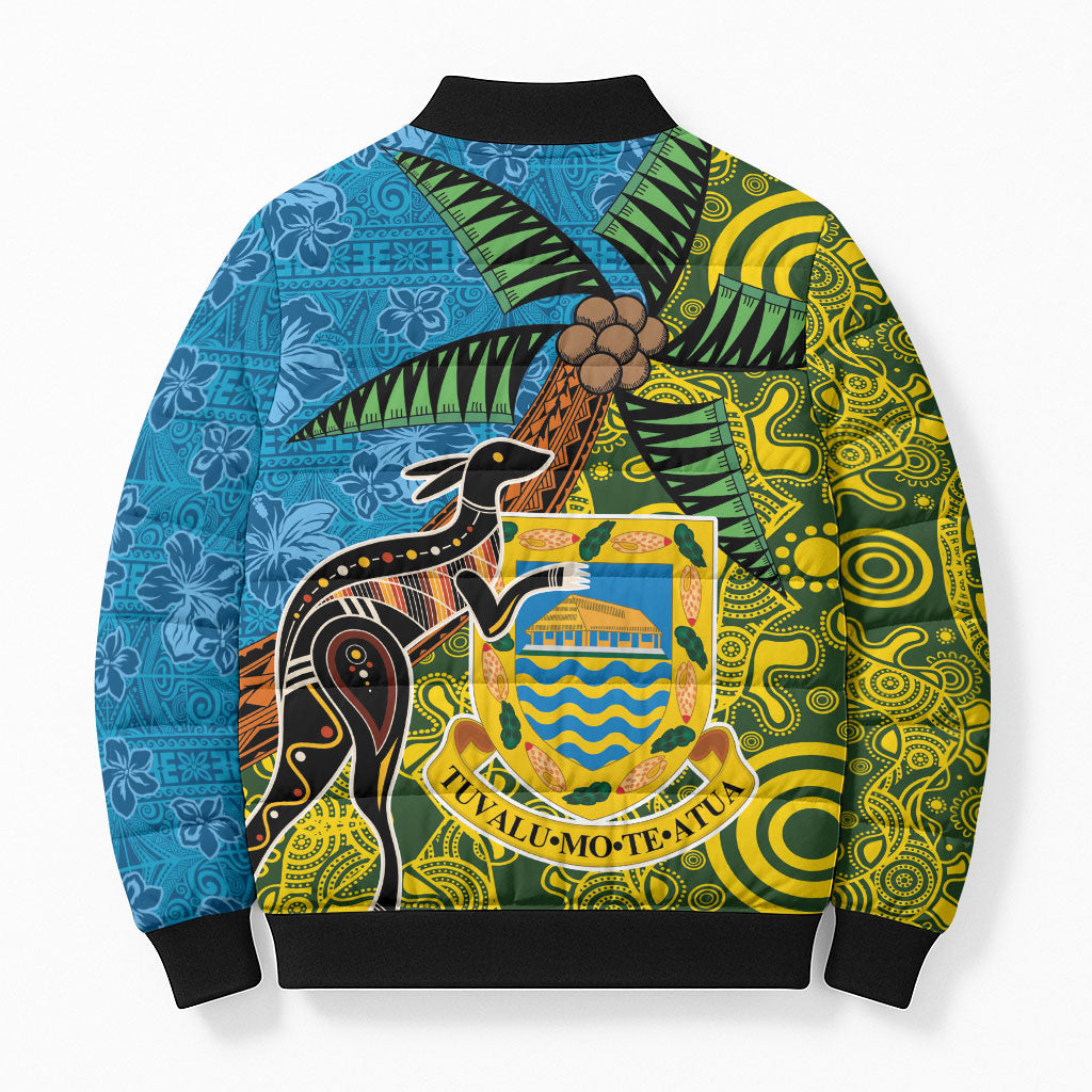 Tuvalu and Australia Together Bomber Puffer Jacket Tapa Pattern and Aboriginal mix Culture