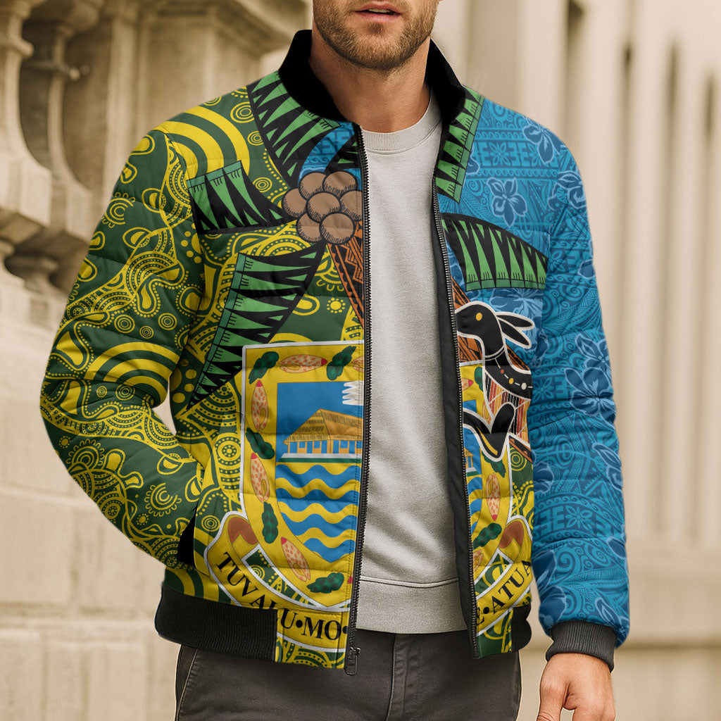 Tuvalu and Australia Together Bomber Puffer Jacket Tapa Pattern and Aboriginal mix Culture