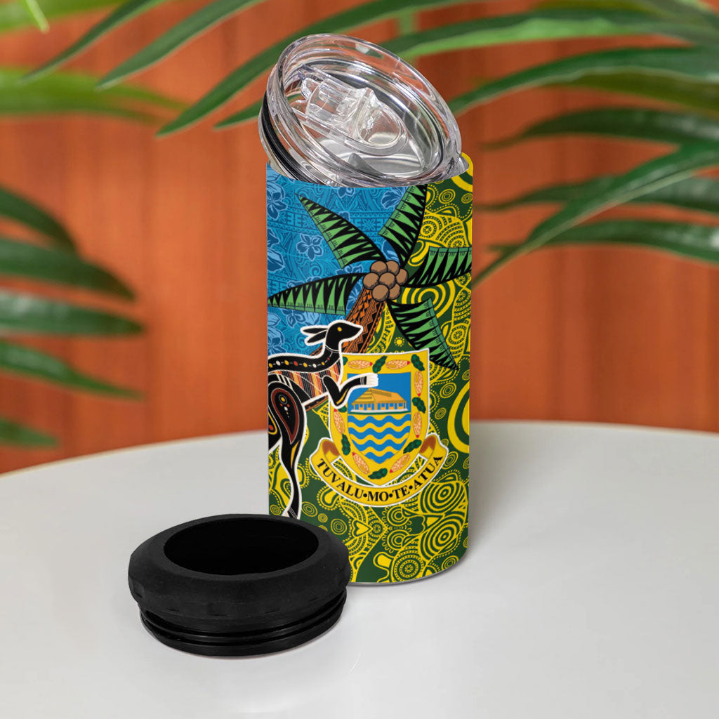 Tuvalu and Australia Together 4 in 1 Can Cooler Tumbler Tapa Pattern and Aboriginal mix Culture