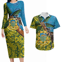 Tuvalu and Australia Together Couples Matching Long Sleeve Bodycon Dress and Hawaiian Shirt Tapa Pattern and Aboriginal mix Culture