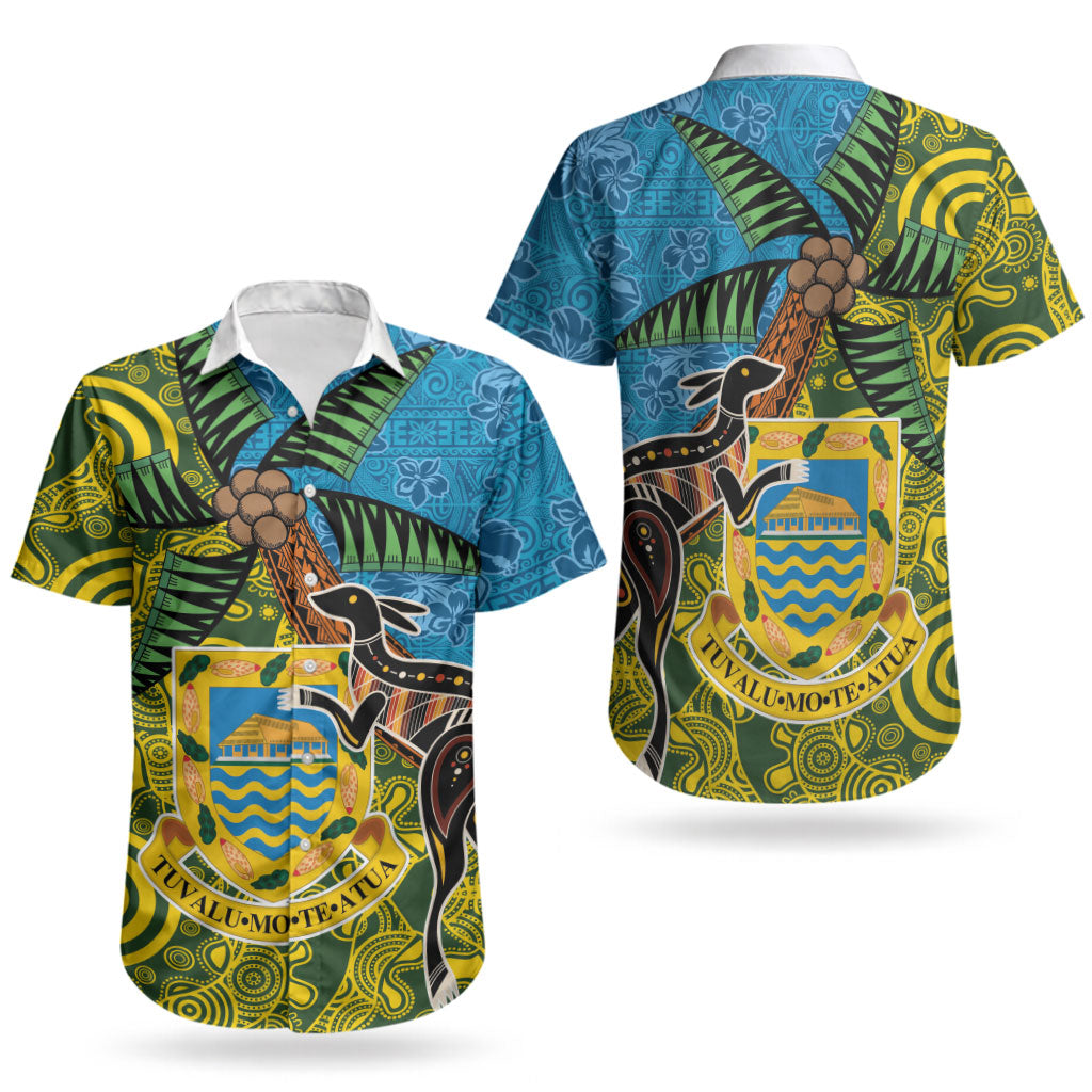Tuvalu and Australia Together Couples Matching Long Sleeve Bodycon Dress and Hawaiian Shirt Tapa Pattern and Aboriginal mix Culture