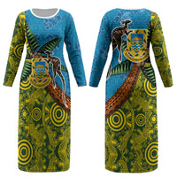 Tuvalu and Australia Together Couples Matching Long Sleeve Bodycon Dress and Hawaiian Shirt Tapa Pattern and Aboriginal mix Culture