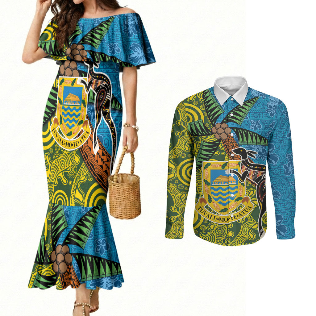 Tuvalu and Australia Together Couples Matching Mermaid Dress and Long Sleeve Button Shirt Tapa Pattern and Aboriginal mix Culture
