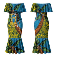 Tuvalu and Australia Together Couples Matching Mermaid Dress and Long Sleeve Button Shirt Tapa Pattern and Aboriginal mix Culture