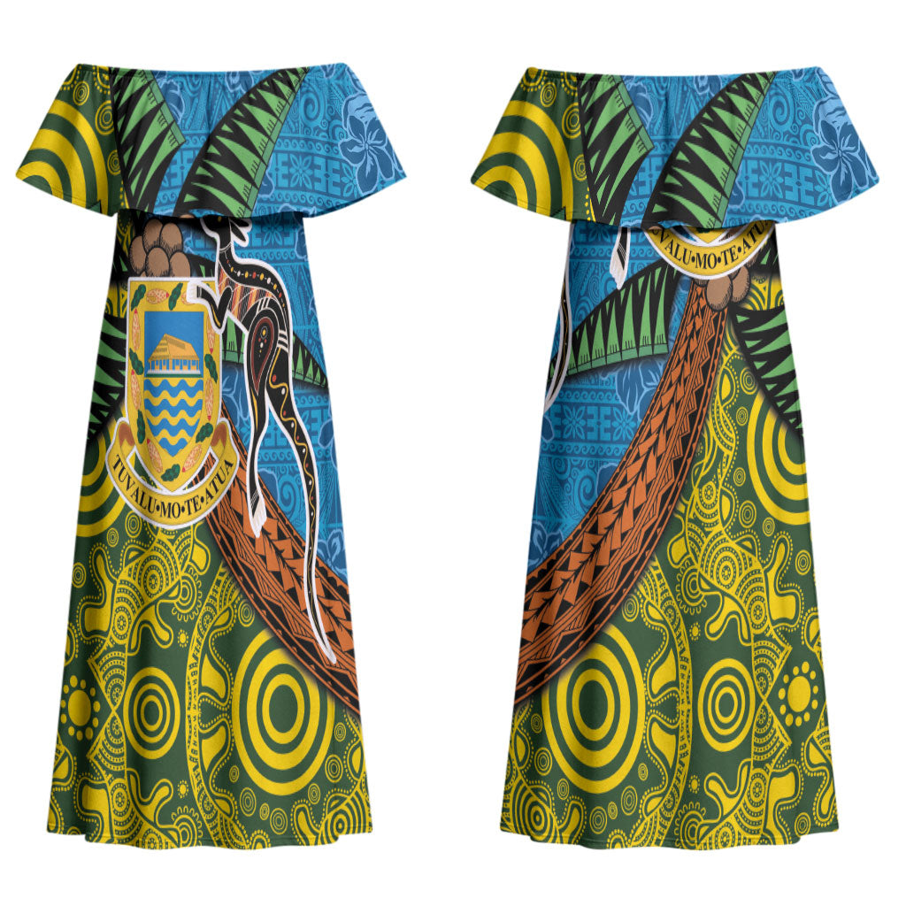 Tuvalu and Australia Together Couples Matching Off Shoulder Maxi Dress and Long Sleeve Button Shirt Tapa Pattern and Aboriginal mix Culture