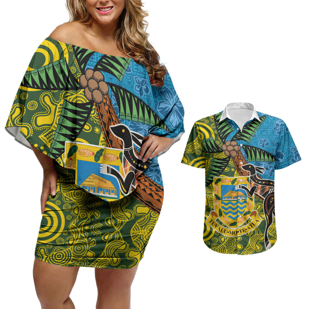Tuvalu and Australia Together Couples Matching Off Shoulder Short Dress and Hawaiian Shirt Tapa Pattern and Aboriginal mix Culture