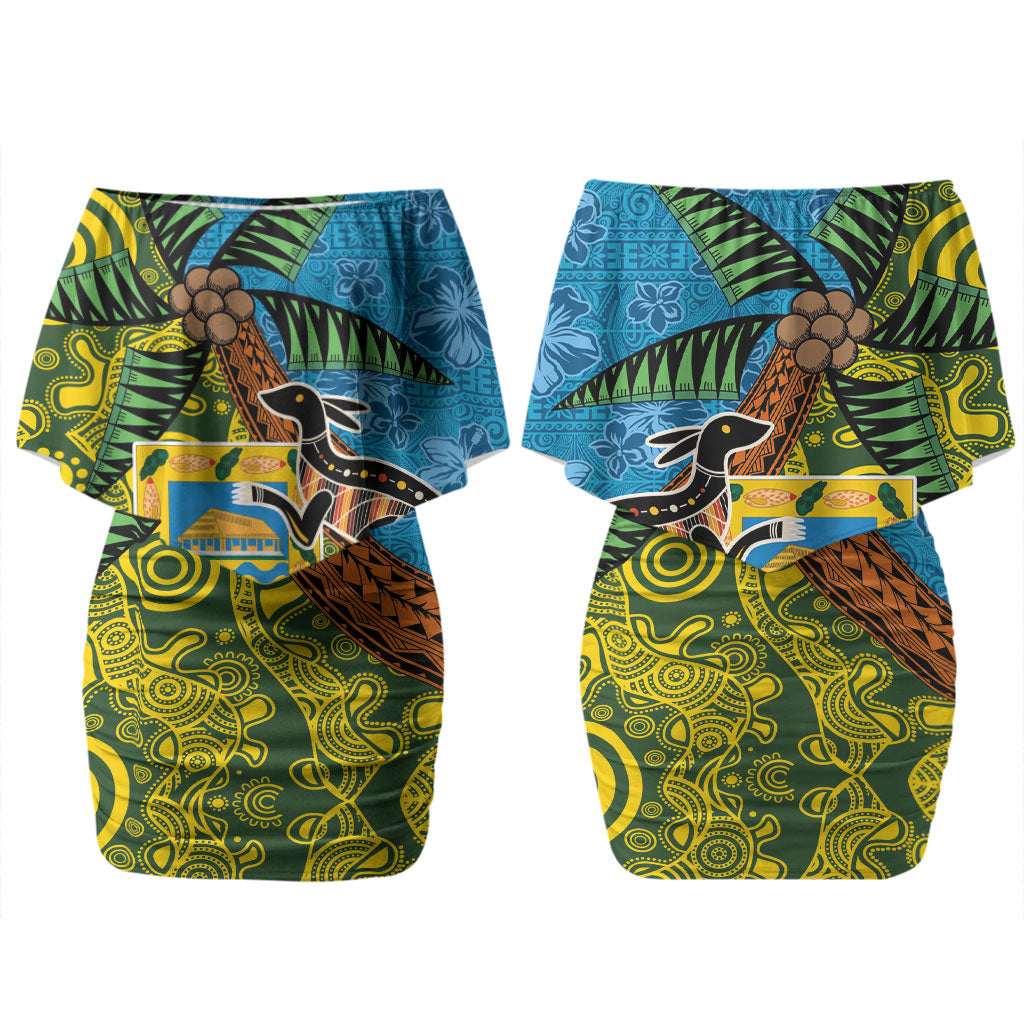 Tuvalu and Australia Together Couples Matching Off Shoulder Short Dress and Hawaiian Shirt Tapa Pattern and Aboriginal mix Culture