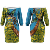 Tuvalu and Australia Together Couples Matching Off The Shoulder Long Sleeve Dress and Hawaiian Shirt Tapa Pattern and Aboriginal mix Culture