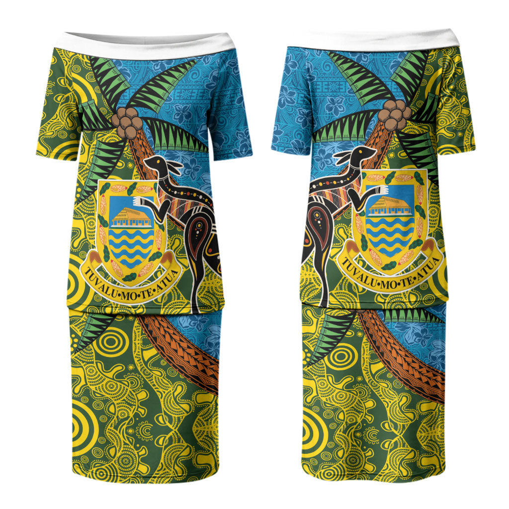 Tuvalu and Australia Together Couples Matching Puletasi and Hawaiian Shirt Tapa Pattern and Aboriginal mix Culture