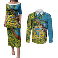 Tuvalu and Australia Together Couples Matching Puletasi and Long Sleeve Button Shirt Tapa Pattern and Aboriginal mix Culture