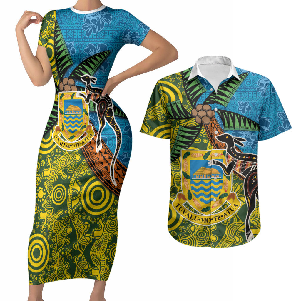 Tuvalu and Australia Together Couples Matching Short Sleeve Bodycon Dress and Hawaiian Shirt Tapa Pattern and Aboriginal mix Culture