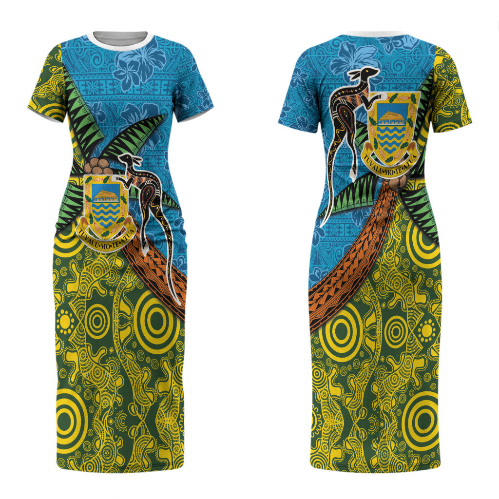 Tuvalu and Australia Together Couples Matching Short Sleeve Bodycon Dress and Long Sleeve Button Shirt Tapa Pattern and Aboriginal mix Culture