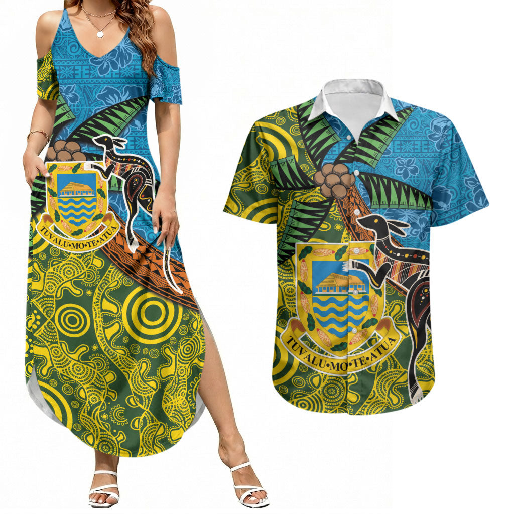 Tuvalu and Australia Together Couples Matching Summer Maxi Dress and Hawaiian Shirt Tapa Pattern and Aboriginal mix Culture
