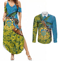 Tuvalu and Australia Together Couples Matching Summer Maxi Dress and Long Sleeve Button Shirt Tapa Pattern and Aboriginal mix Culture
