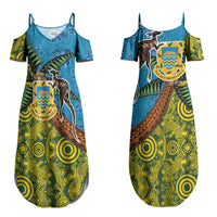 Tuvalu and Australia Together Couples Matching Summer Maxi Dress and Long Sleeve Button Shirt Tapa Pattern and Aboriginal mix Culture