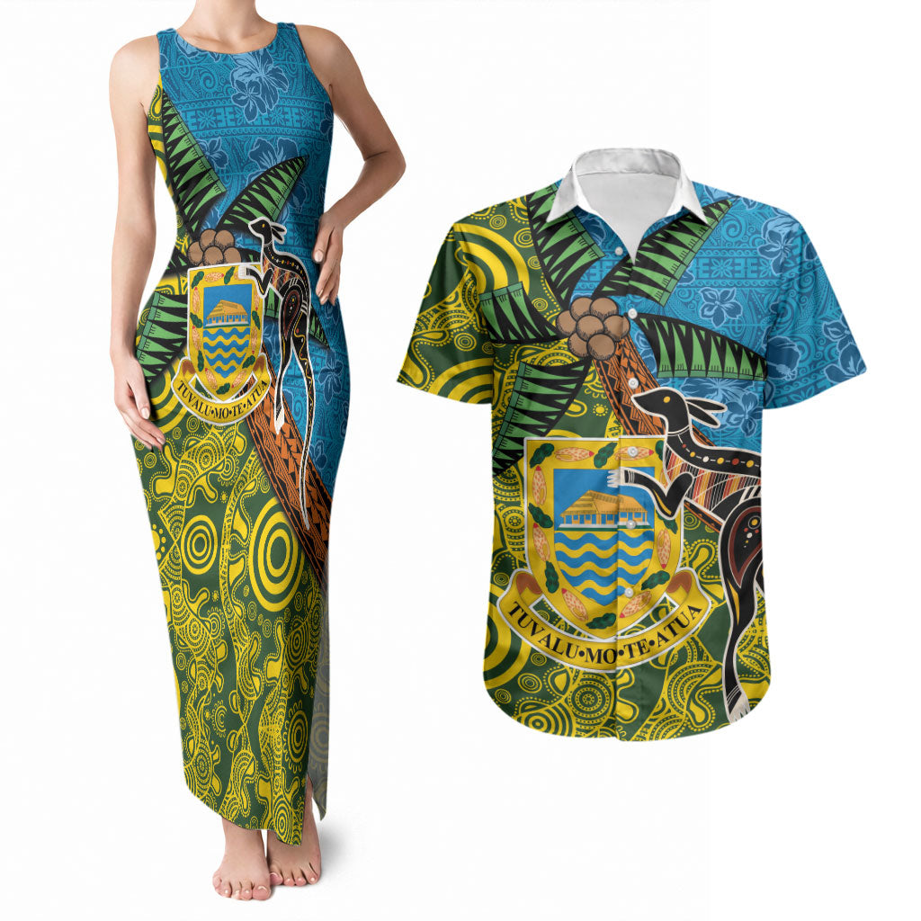 Tuvalu and Australia Together Couples Matching Tank Maxi Dress and Hawaiian Shirt Tapa Pattern and Aboriginal mix Culture