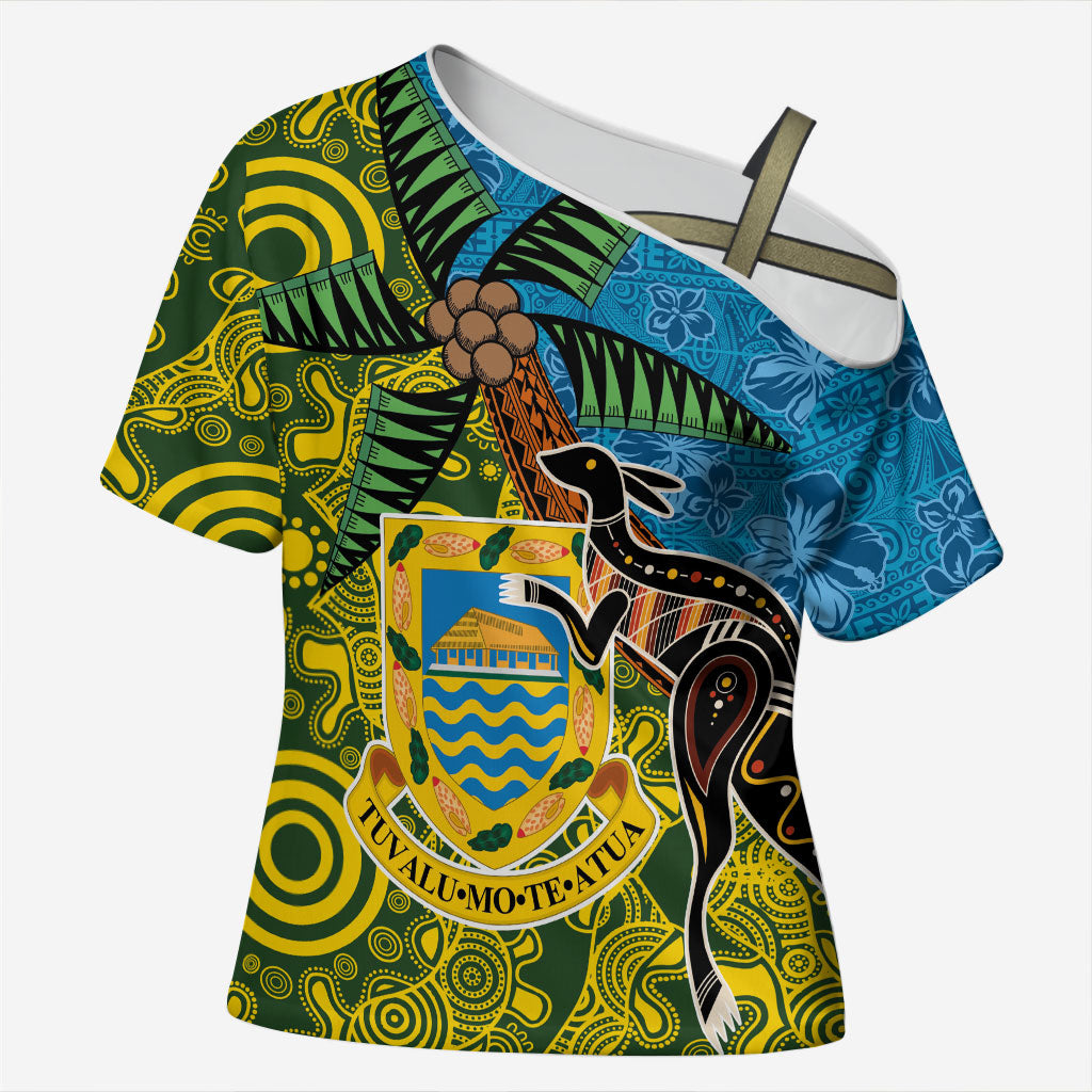 Tuvalu and Australia Together Cross Shoulder Shirt Tapa Pattern and Aboriginal mix Culture