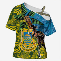 Tuvalu and Australia Together Cross Shoulder Shirt Tapa Pattern and Aboriginal mix Culture
