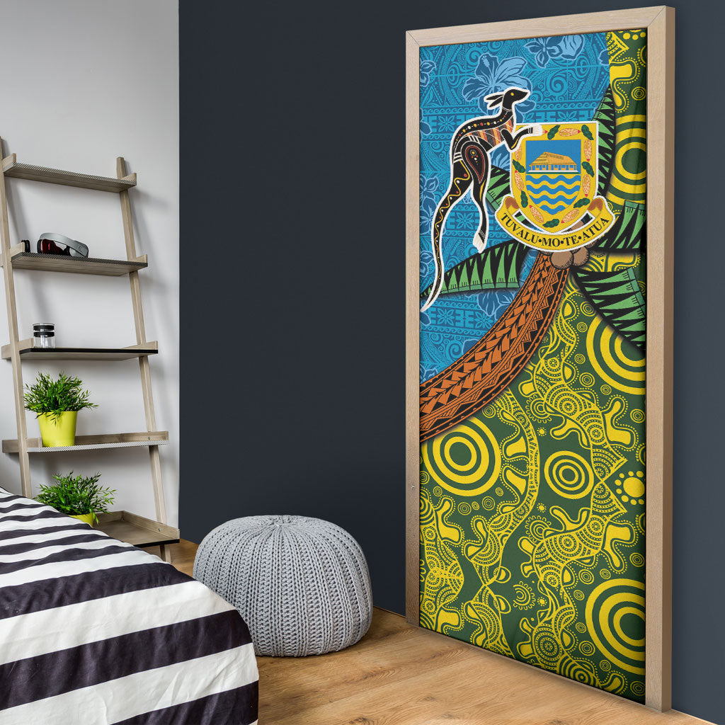 Tuvalu and Australia Together Door Cover Tapa Pattern and Aboriginal mix Culture