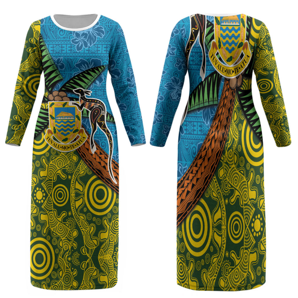 Tuvalu and Australia Together Family Matching Long Sleeve Bodycon Dress and Hawaiian Shirt Tapa Pattern and Aboriginal mix Culture