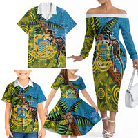 Tuvalu and Australia Together Family Matching Off The Shoulder Long Sleeve Dress and Hawaiian Shirt Tapa Pattern and Aboriginal mix Culture