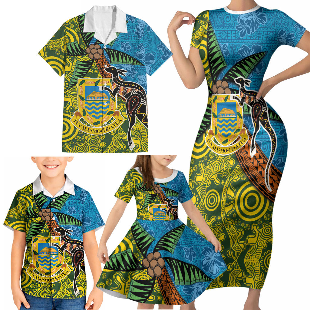 Tuvalu and Australia Together Family Matching Short Sleeve Bodycon Dress and Hawaiian Shirt Tapa Pattern and Aboriginal mix Culture