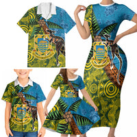 Tuvalu and Australia Together Family Matching Short Sleeve Bodycon Dress and Hawaiian Shirt Tapa Pattern and Aboriginal mix Culture
