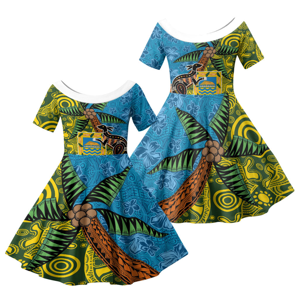 Tuvalu and Australia Together Family Matching Short Sleeve Bodycon Dress and Hawaiian Shirt Tapa Pattern and Aboriginal mix Culture