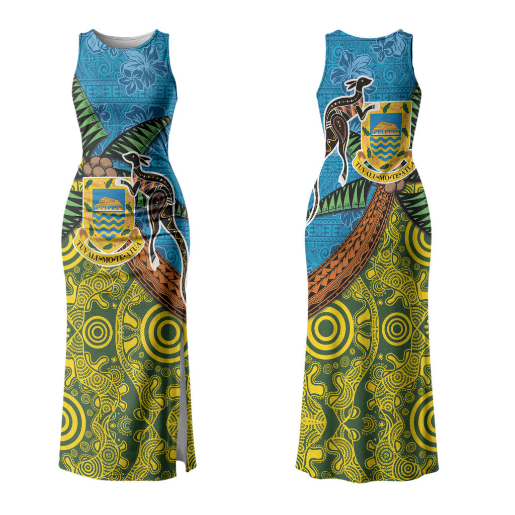 Tuvalu and Australia Together Family Matching Tank Maxi Dress and Hawaiian Shirt Tapa Pattern and Aboriginal mix Culture