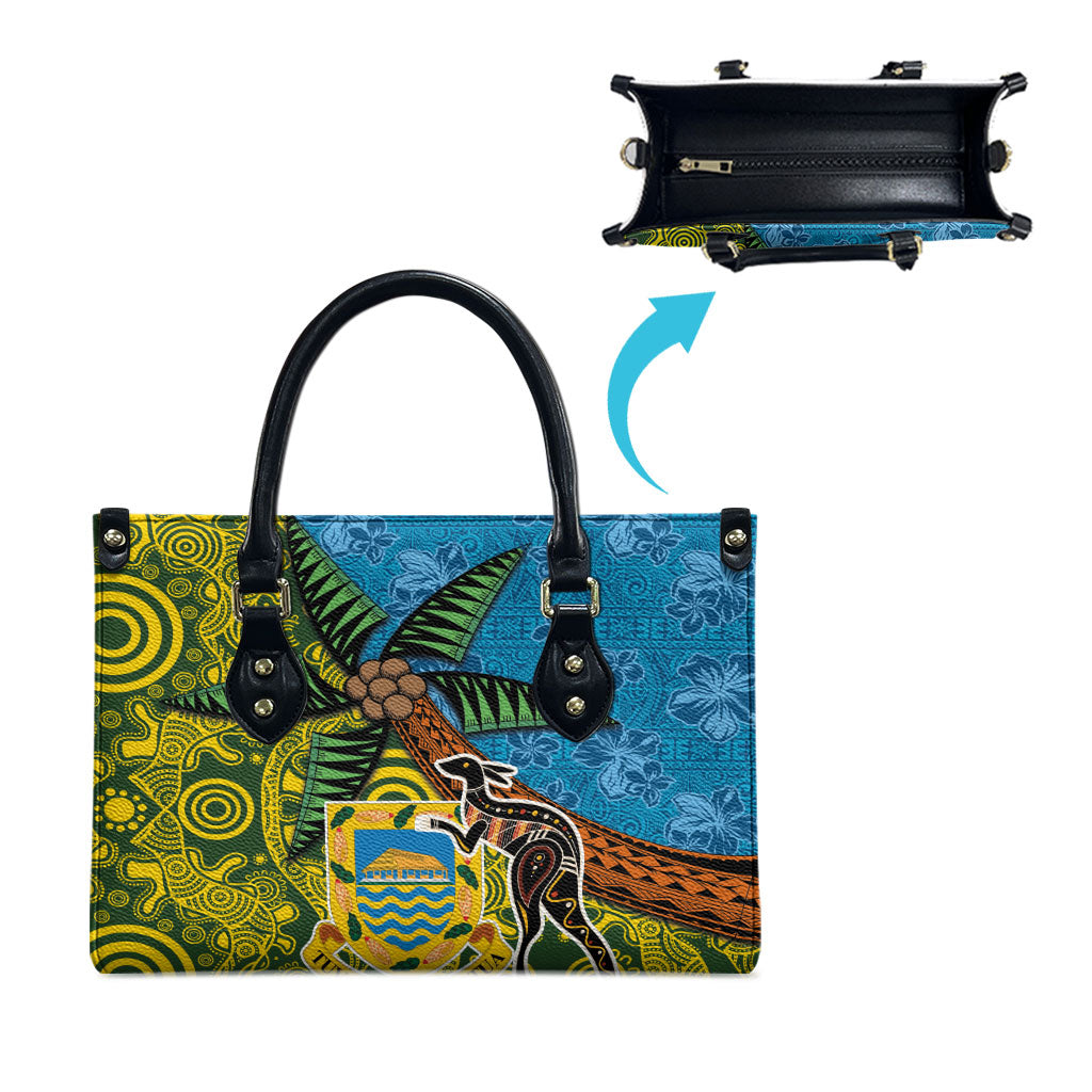Tuvalu and Australia Together Leather Bag Tapa Pattern and Aboriginal mix Culture